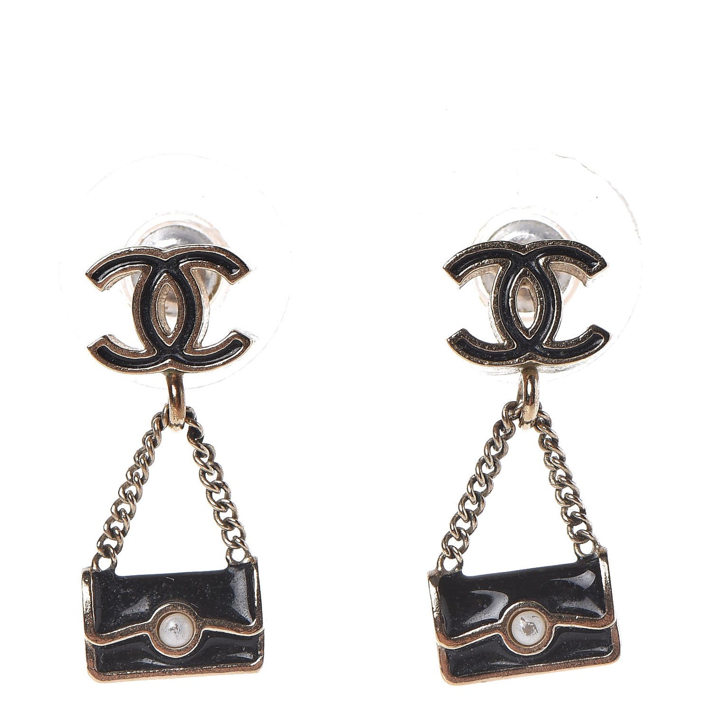 Enamel Pearl CC Flap Bag Drop Earrings Black Gold