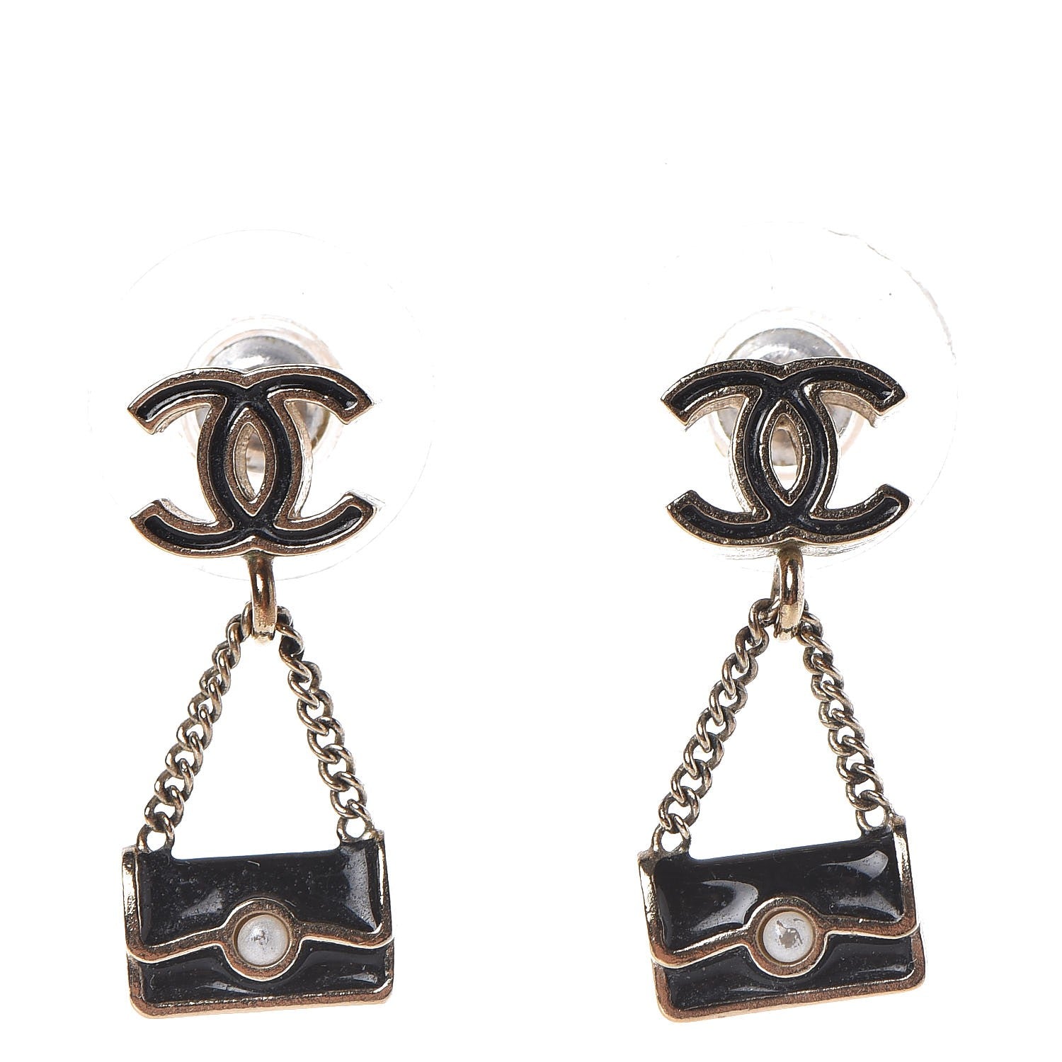 Chanel Enamel Pearl CC Flap Bag Drop Earrings Black Gold 1 of 4