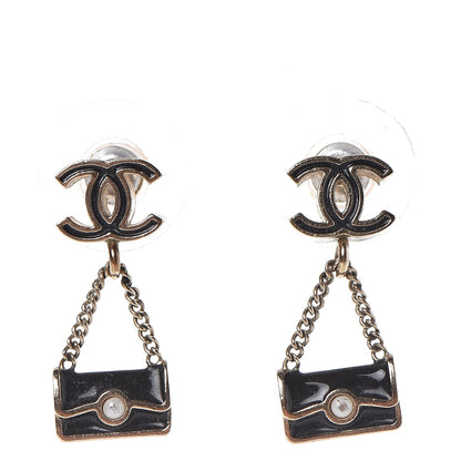 Chanel Enamel Pearl CC Flap Bag Drop Earrings Black Gold 1 of 4