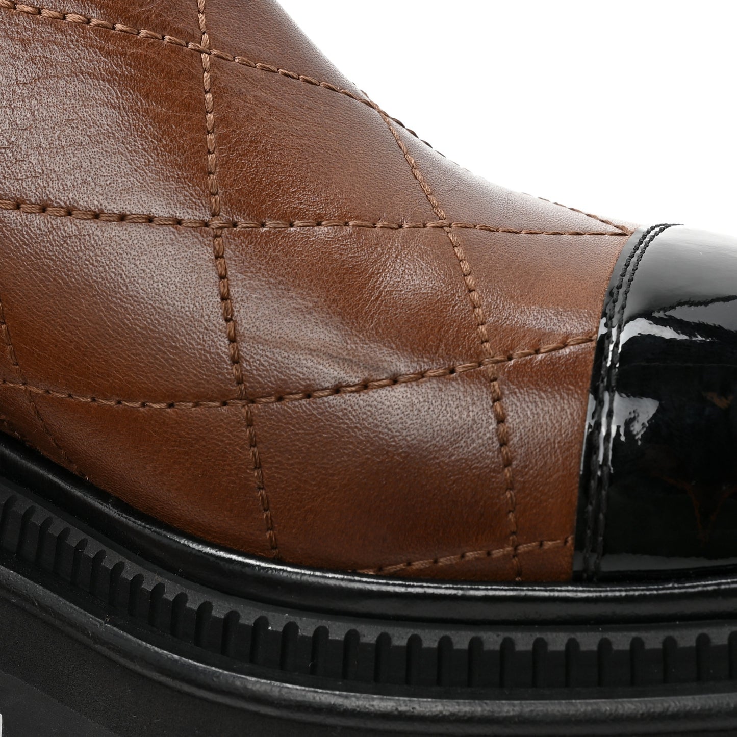 Calfskin Patent Cap Toe Quilted Short Boots 38.5 Brown Black