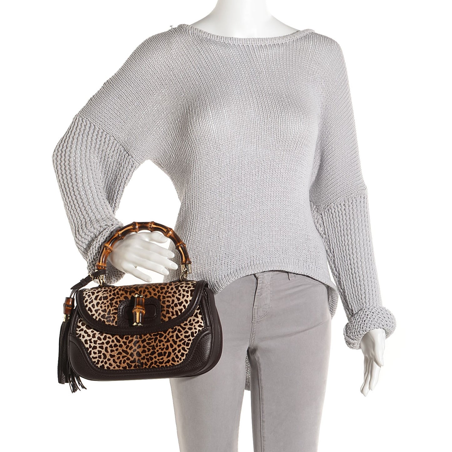 Pony Hair Jaguar Print New Bamboo Medium Top Handle Bag