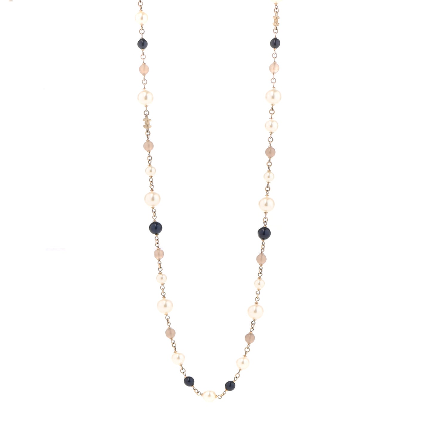 Pearl Bead Enamel CC Long Necklace Navy Gold