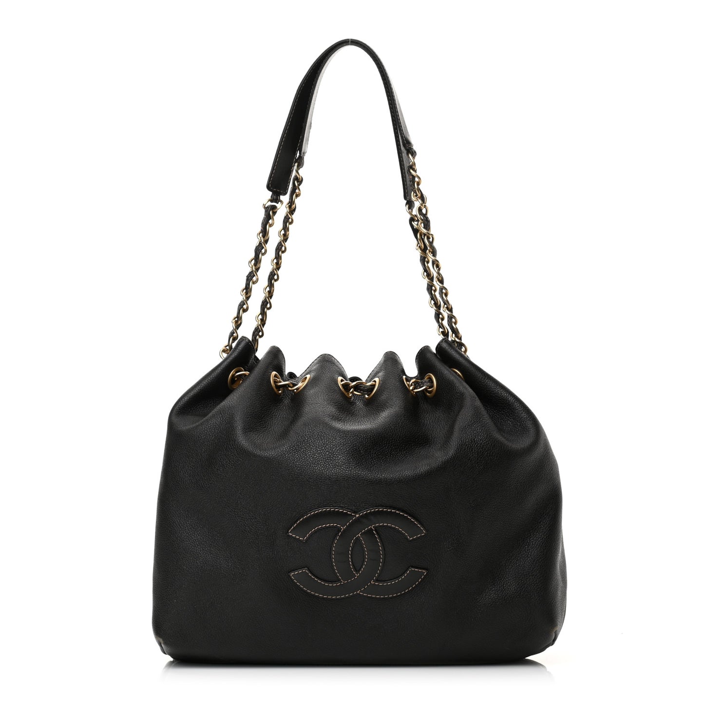 Grained Calfskin CC Drawstring Bucket Bag Black
