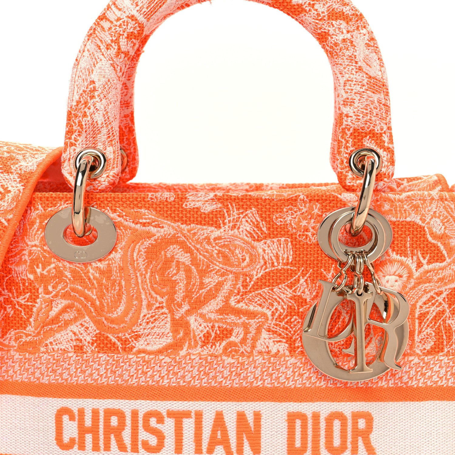 Christian Dior Canvas Toile De Jouy Reverse Embroidered Medium Lady D-Lite Fluorescent Orange 9 of 13