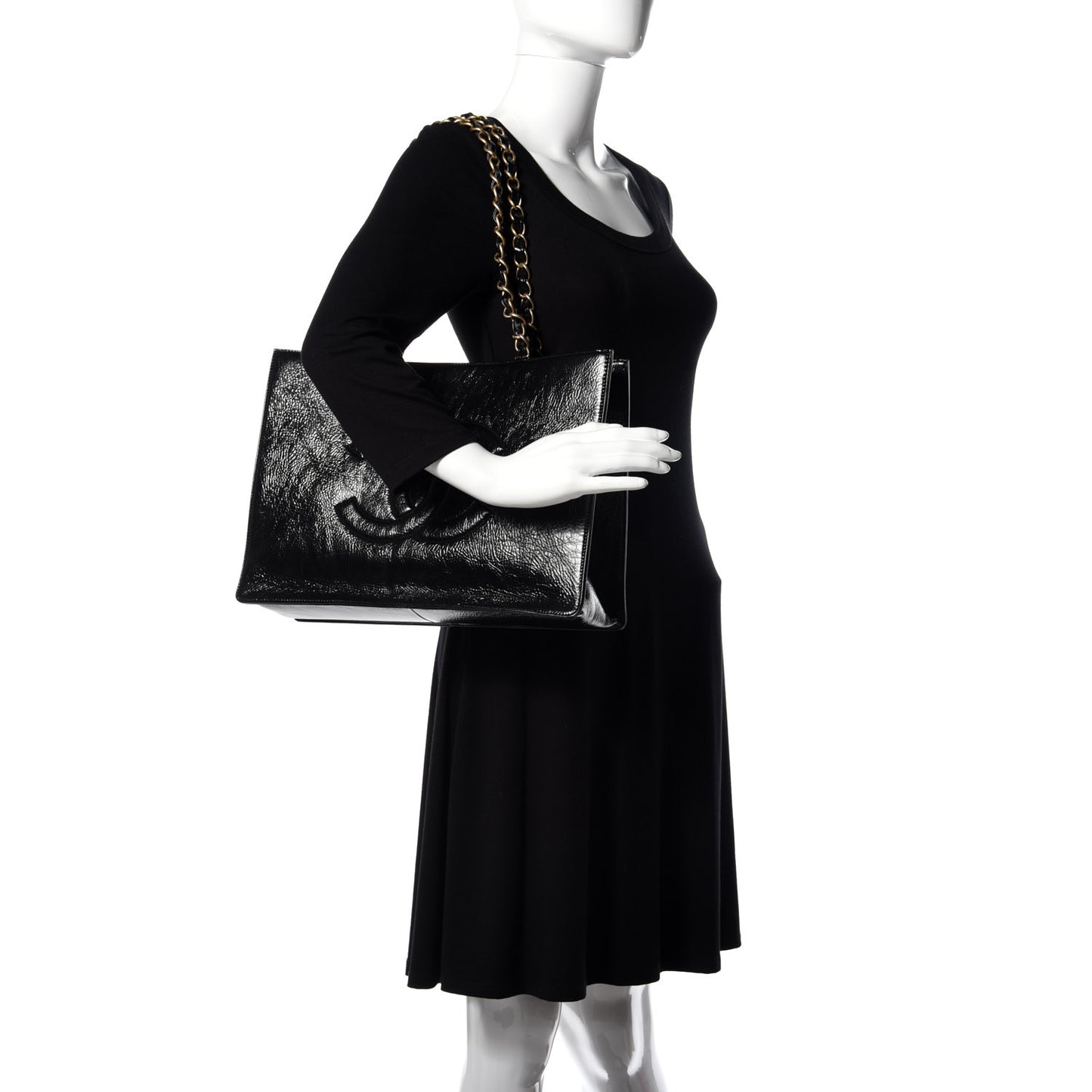 Shiny Aged Calfskin Shopping Bag Black