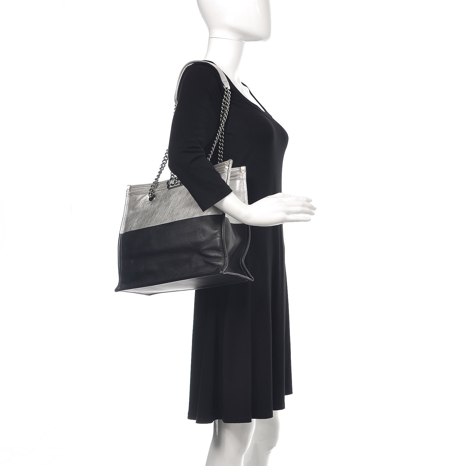 Chanel Metallic Goatskin Calfskin Bi-Color Large Boy Tote Black Silver 2 of 18