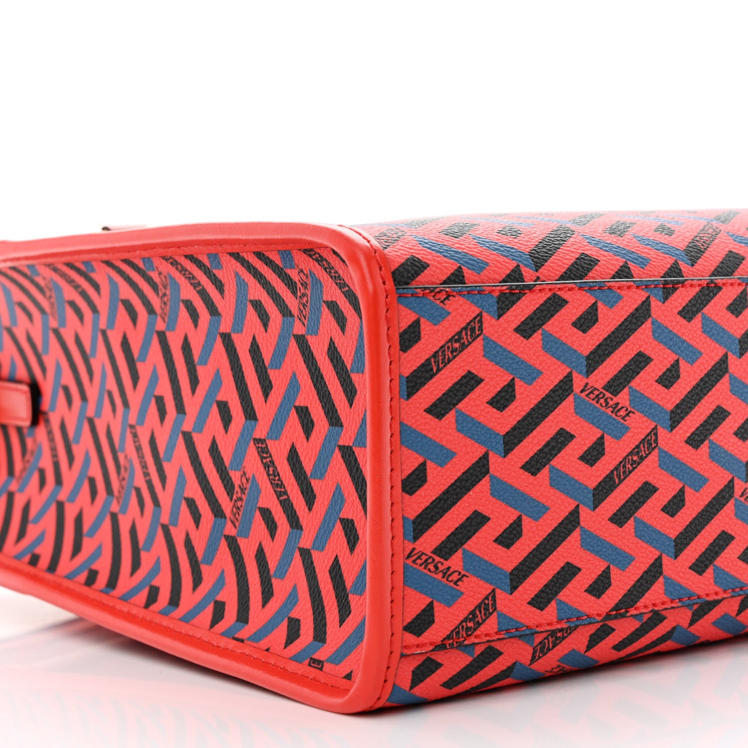 Versace Coated Canvas Calfskin La Greca Signature Tote Bag Blue Red 8 of 9