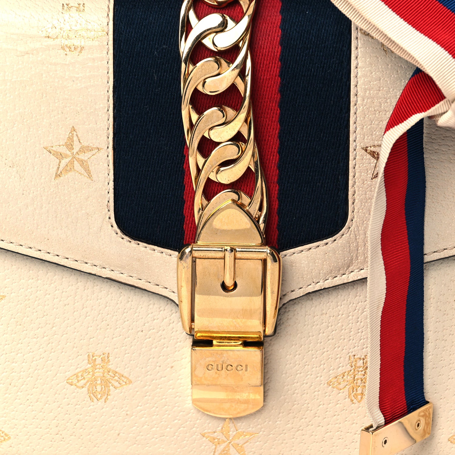 Gucci Textured Calfskin Bee Star Print Small Sylvie Shoulder Bag Mystic White 8 of 10