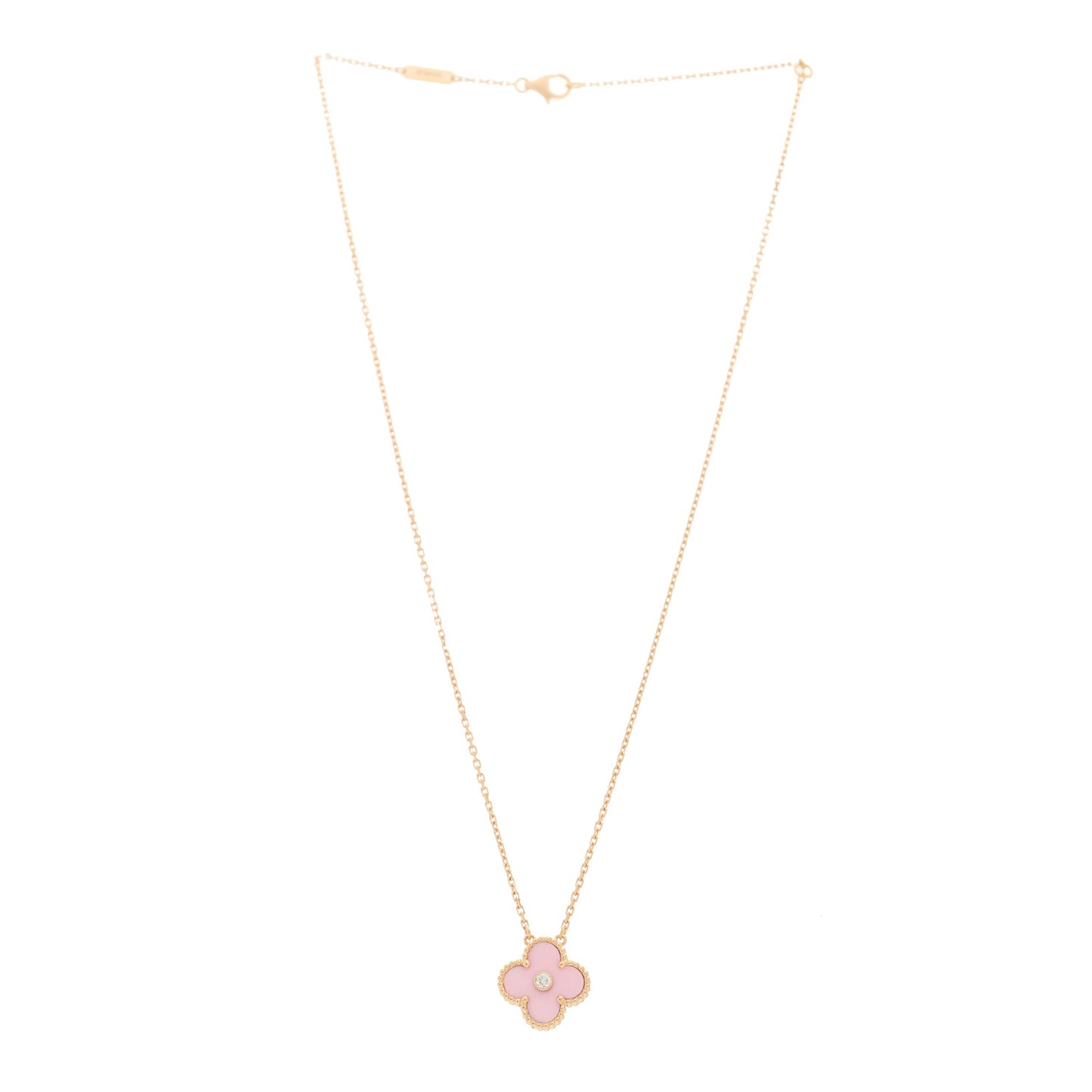 18K Rose Gold Diamond Pink Porcelain Vintage Alhambra Pendant Necklace