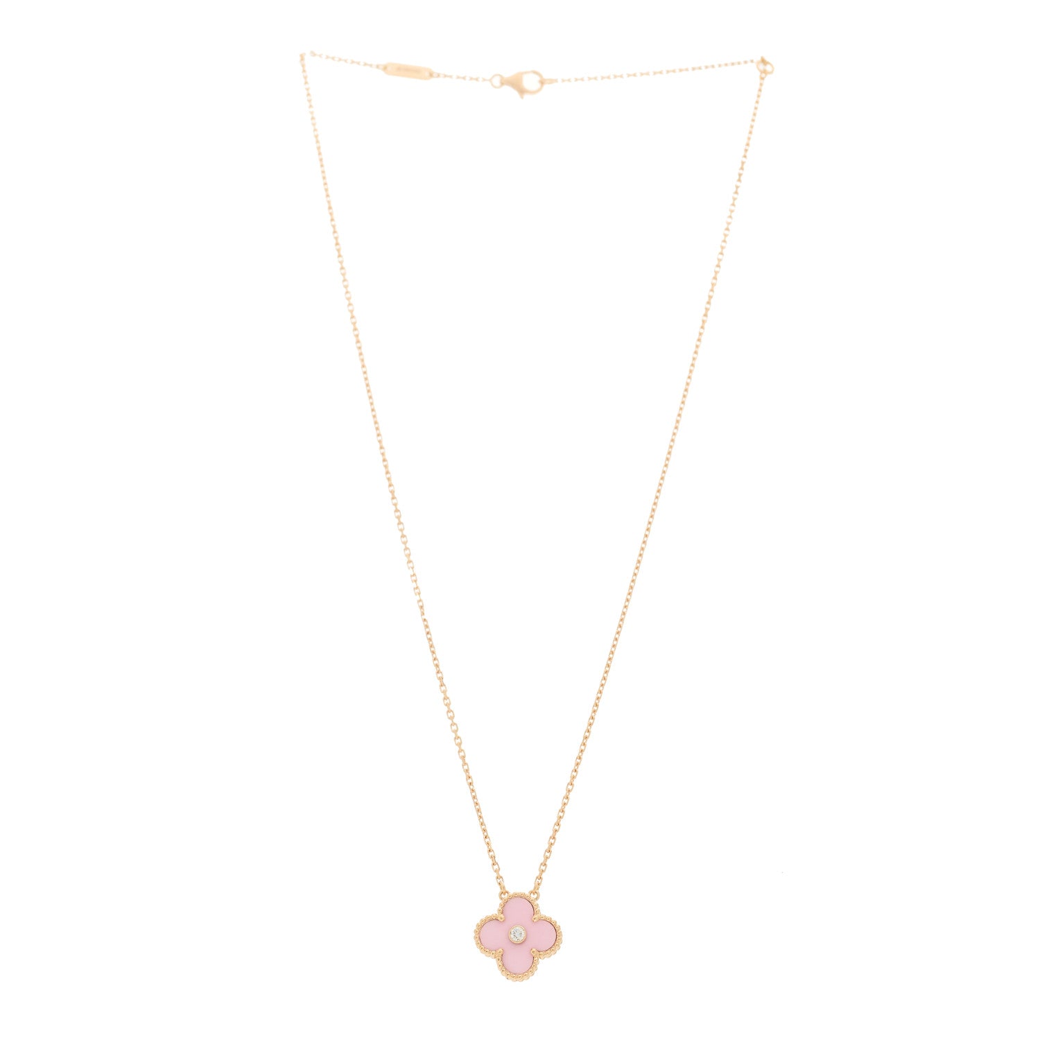 Van Cleef & Arpels 18K Rose Gold Diamond Pink Porcelain Vintage Alhambra Pendant Necklace 3 of 5