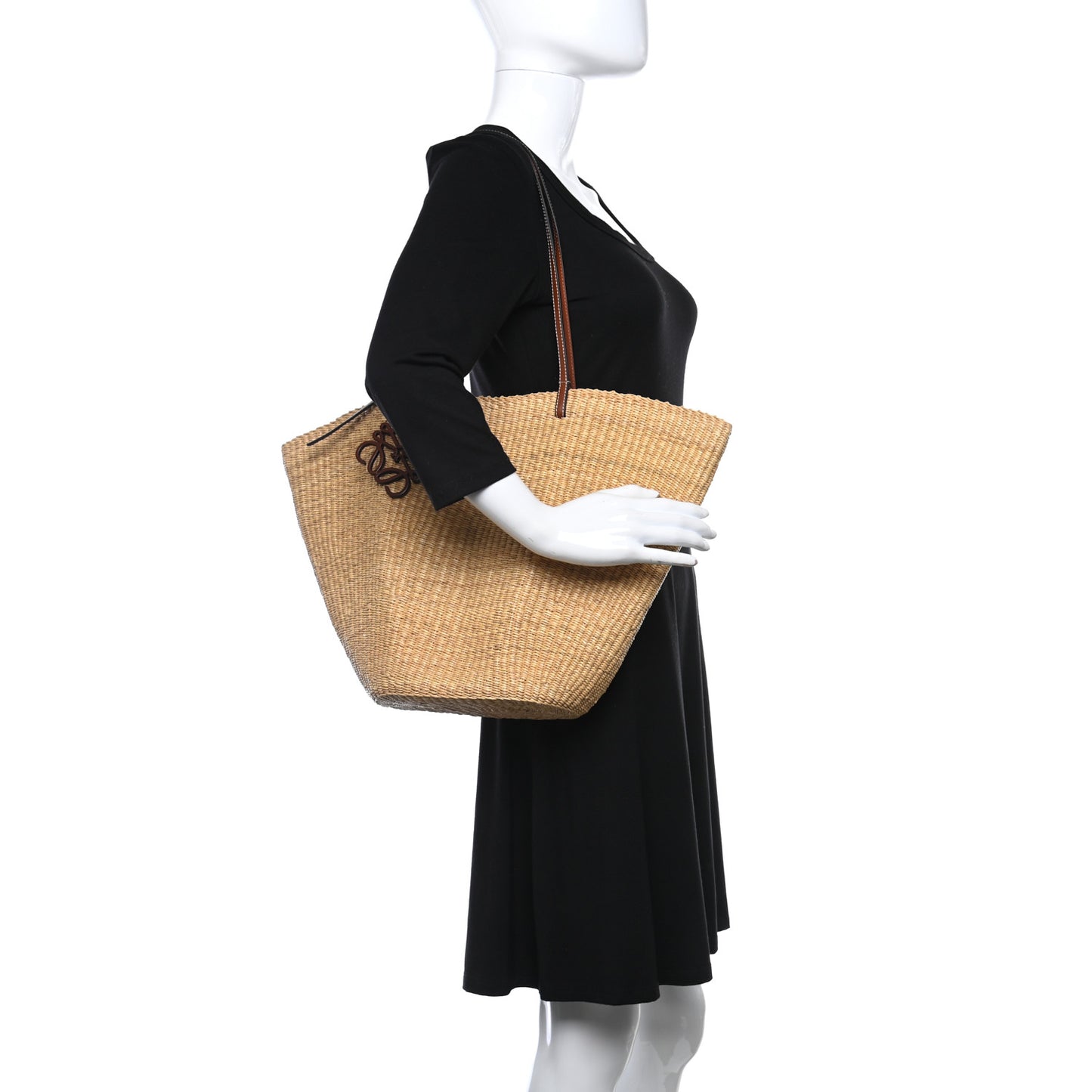 Raffia Calfskin Shell Basket Tote Natural Pecan