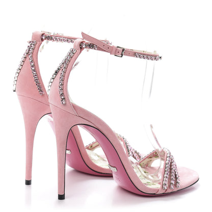 Gucci Kid Scamosciato Crystal Ankle Strap High Heel Sandals 37.5 Light Rose Light Peonia 4 of 9