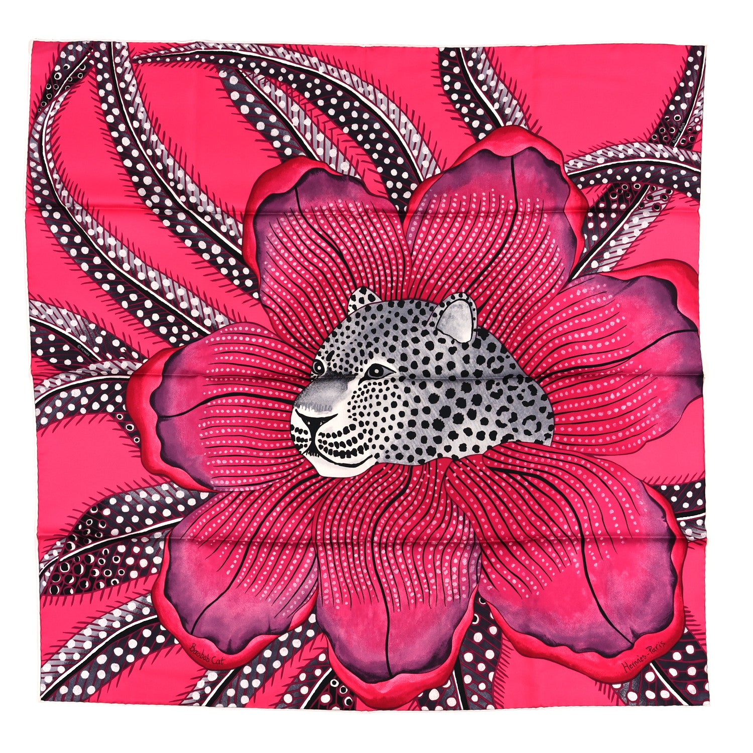 Hermes Silk Baobab Cat Scarf 90 Rose Vif Prune Gris 1 of 5