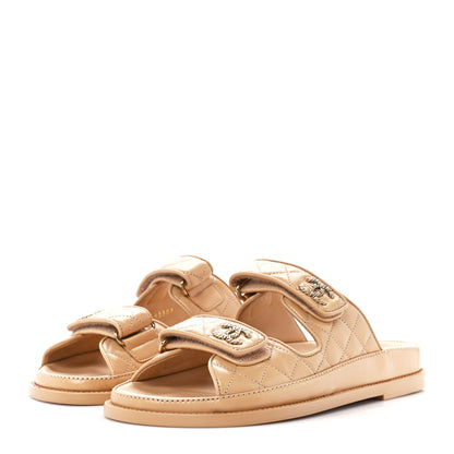Chanel Lambskin Quilted Velcro Dad Chain CC Slide Sandals 38 Beige 3 of 10