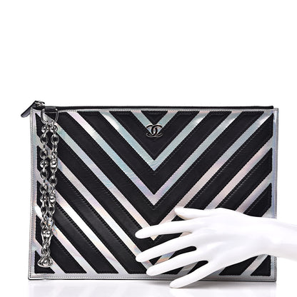 Chanel Lambskin Metallic Chevron Zip Pouch Black Silver 2 of 9
