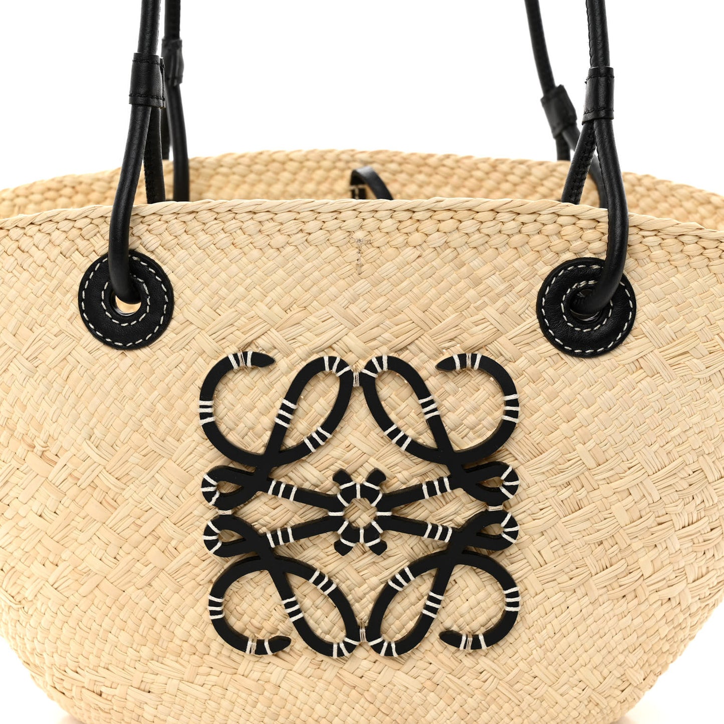 Calfskin Raffia Paulas Ibiza Small Anagram Basket Tote Bag Natural Black