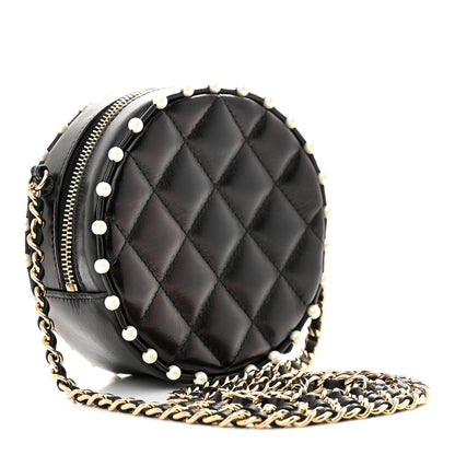 Chanel Calfskin Quilted Pearl Round Clutch With Chain Black 3 of 12