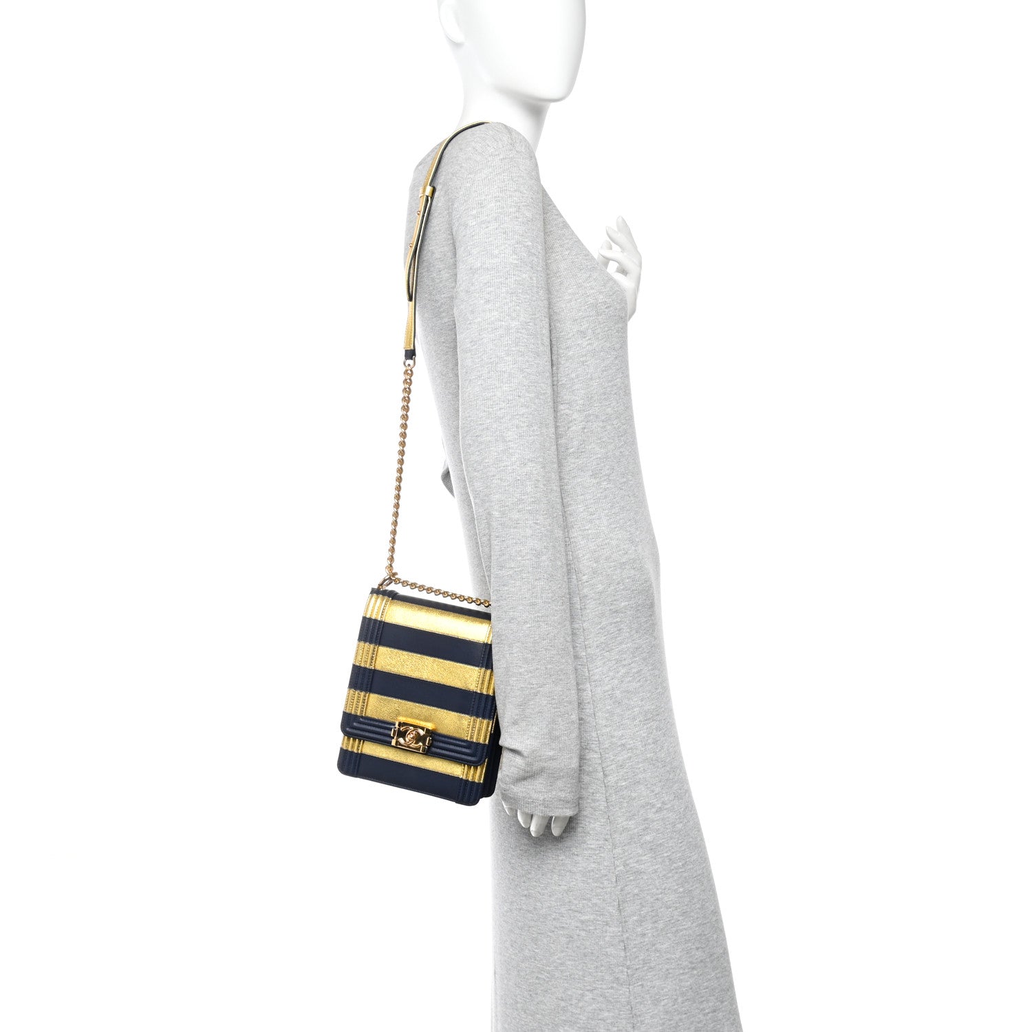 Chanel Metallic Lambskin Striped North South Boy Flap Navy Gold 2 of 10