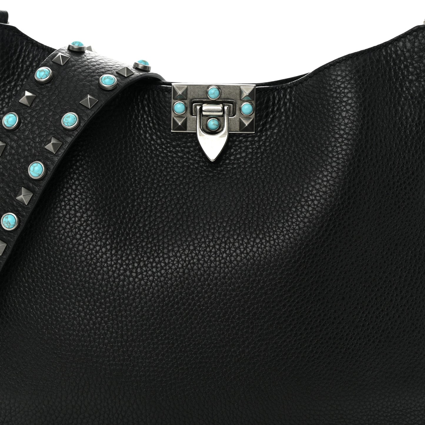 Grained Calfskin Turquoise Small Rockstud Rolling Flip-Lock Messenger Black