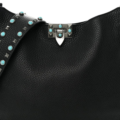 Valentino Garavani Grained Calfskin Turquoise Small Rockstud Rolling Flip-Lock Messenger Black 6 of 11