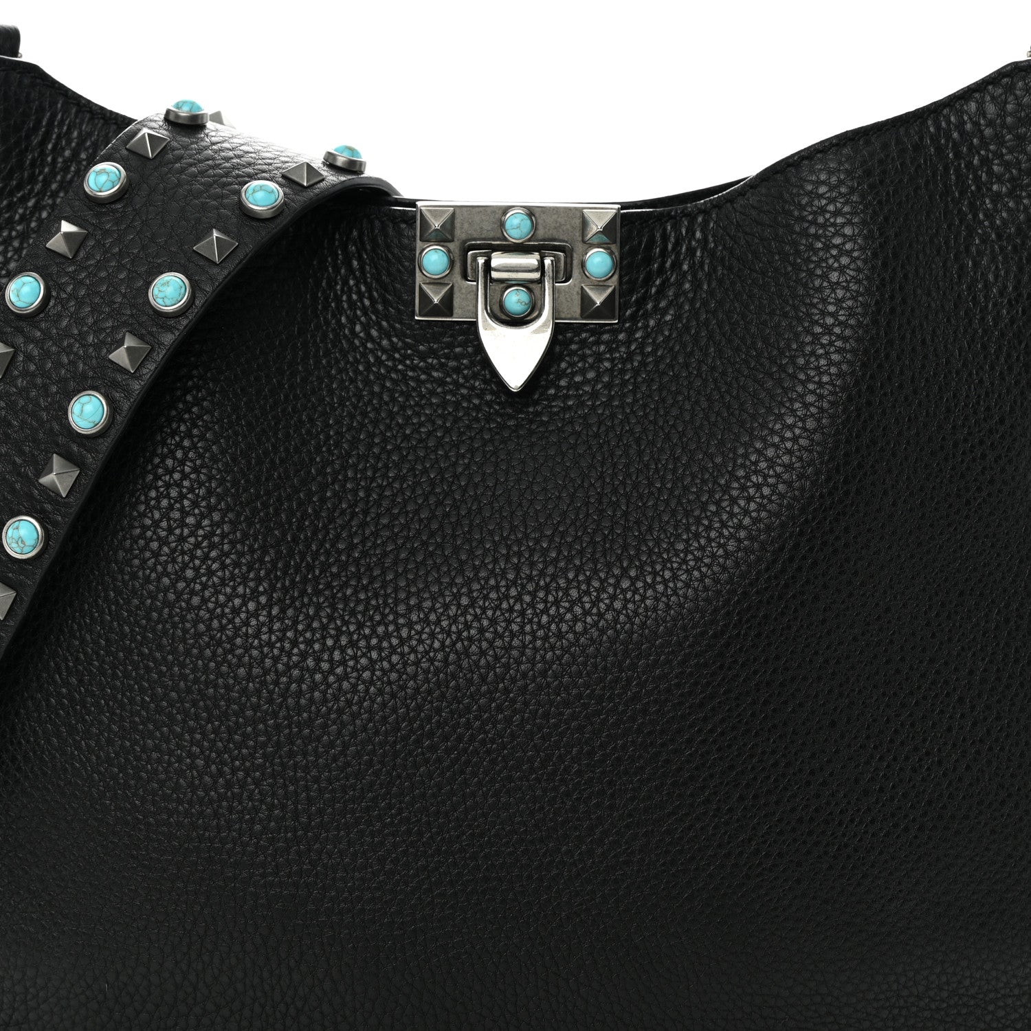 Valentino Garavani Grained Calfskin Turquoise Small Rockstud Rolling Flip-Lock Messenger Black 6 of 11