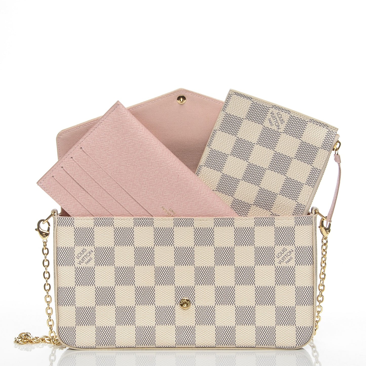 Damier Azur Pochette Felicie Chain Wallet Rose Ballerine