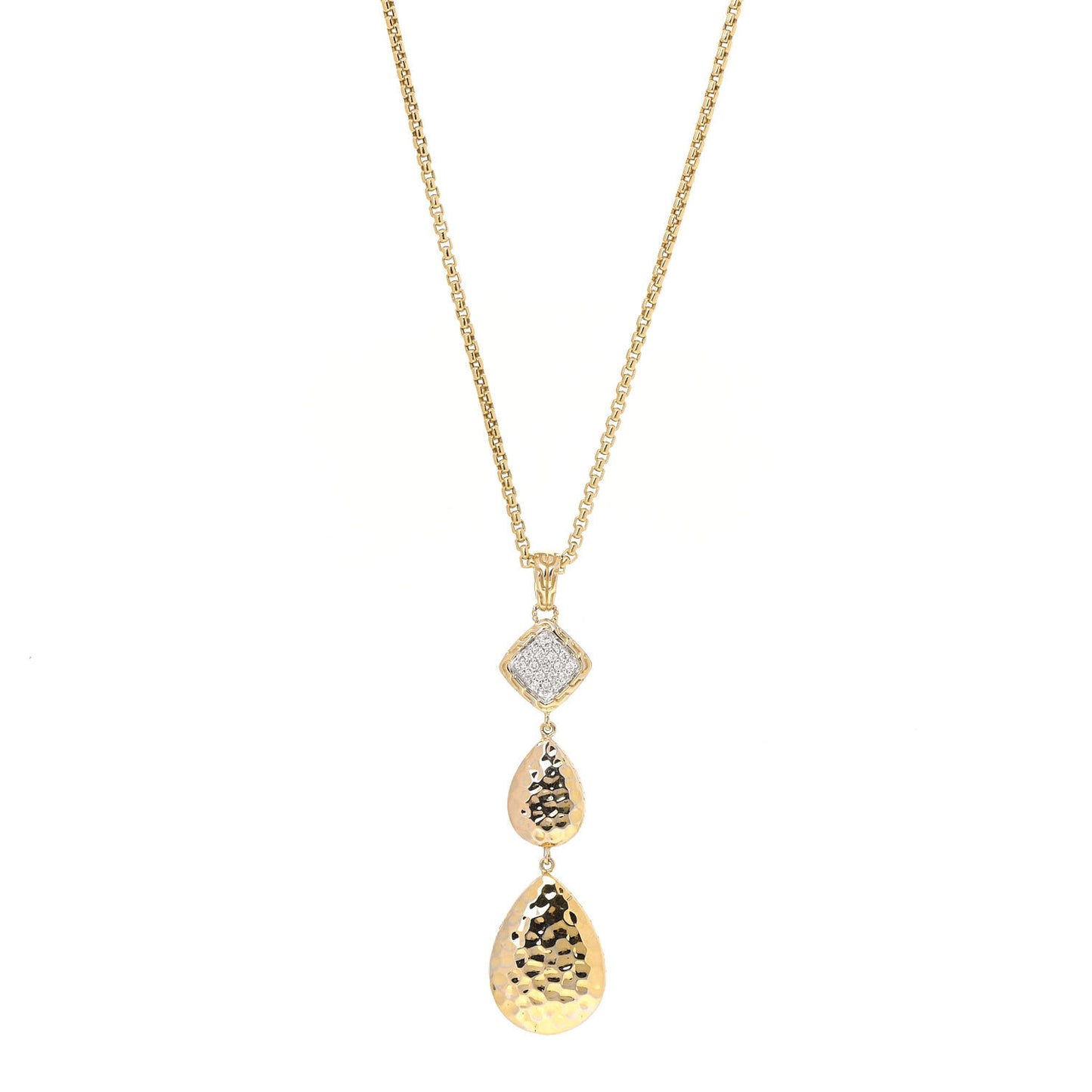 18K Yellow Gold Diamond Hammered Drop Pendant Necklace