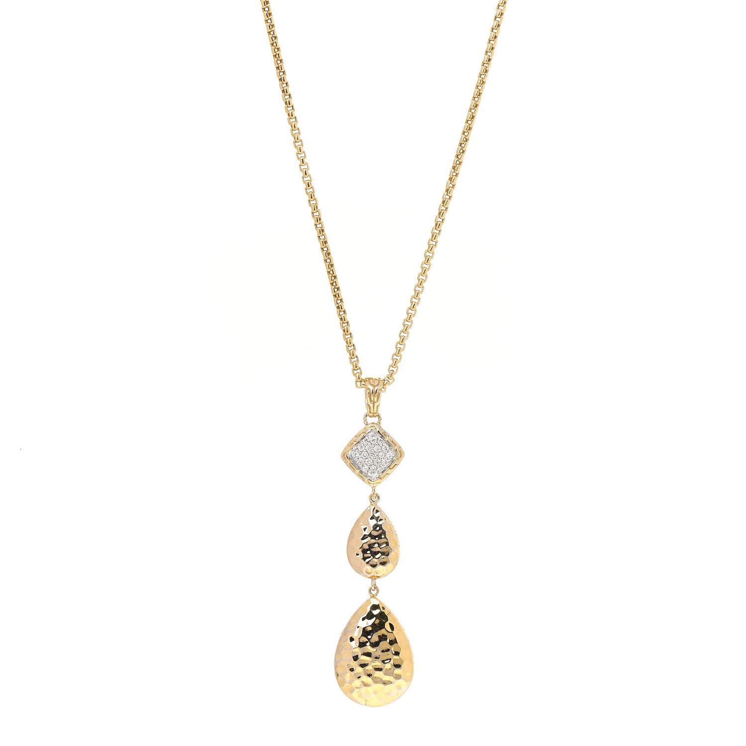 John Hardy 18K Yellow Gold Diamond Hammered Drop Pendant Necklace 1 of 5