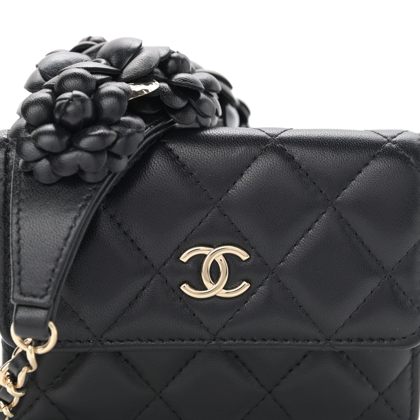 Lambskin Quilted Camellia Card Holder On Chain Black