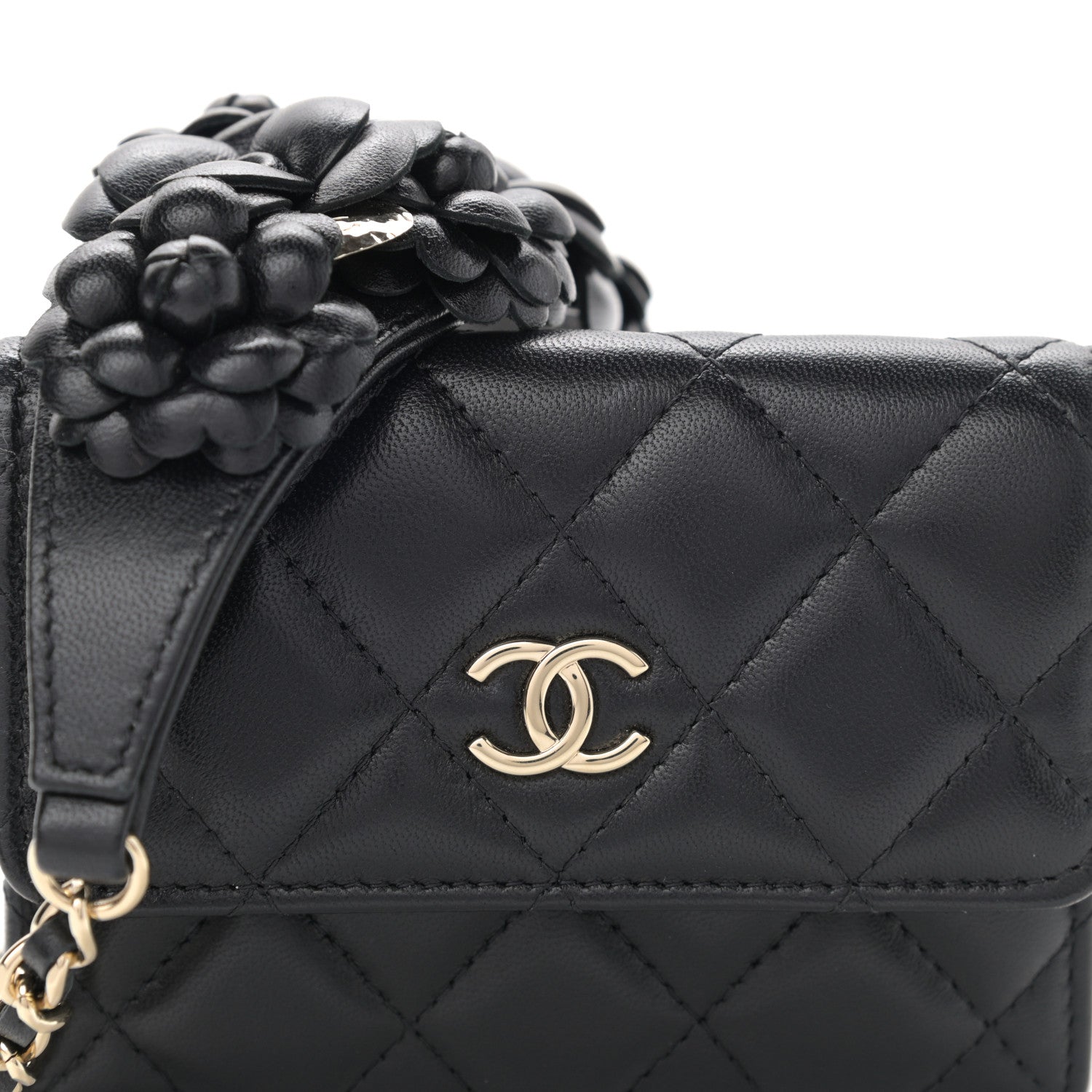 Chanel Lambskin Quilted Camellia Card Holder On Chain Black 9 of 13
