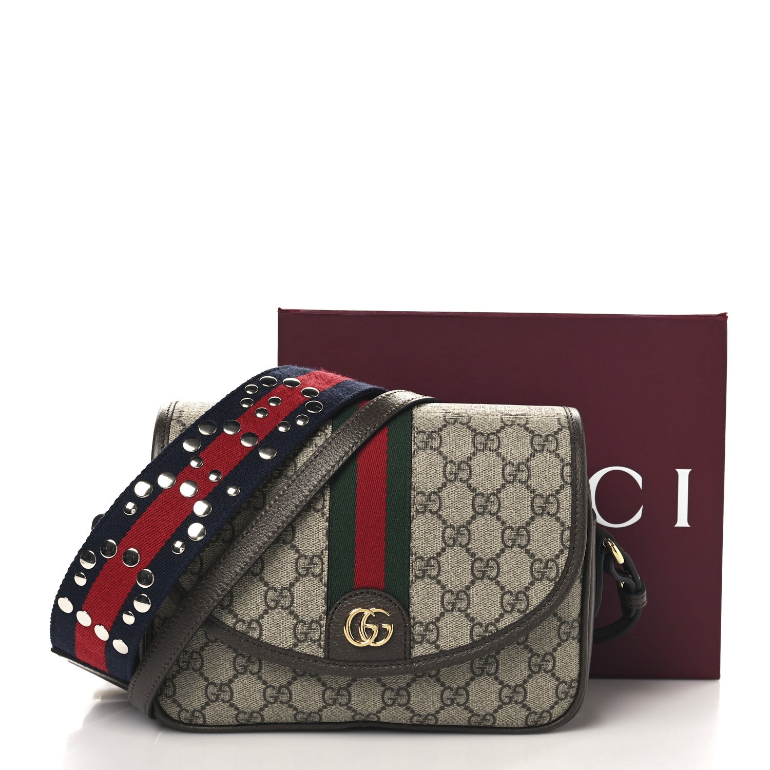 Gucci GG Supreme Monogram Textured Dollar Calfskin Web Studded Mini Ophidia Flap Shoulder Bag Beige Ebony New Acero 11 of 11