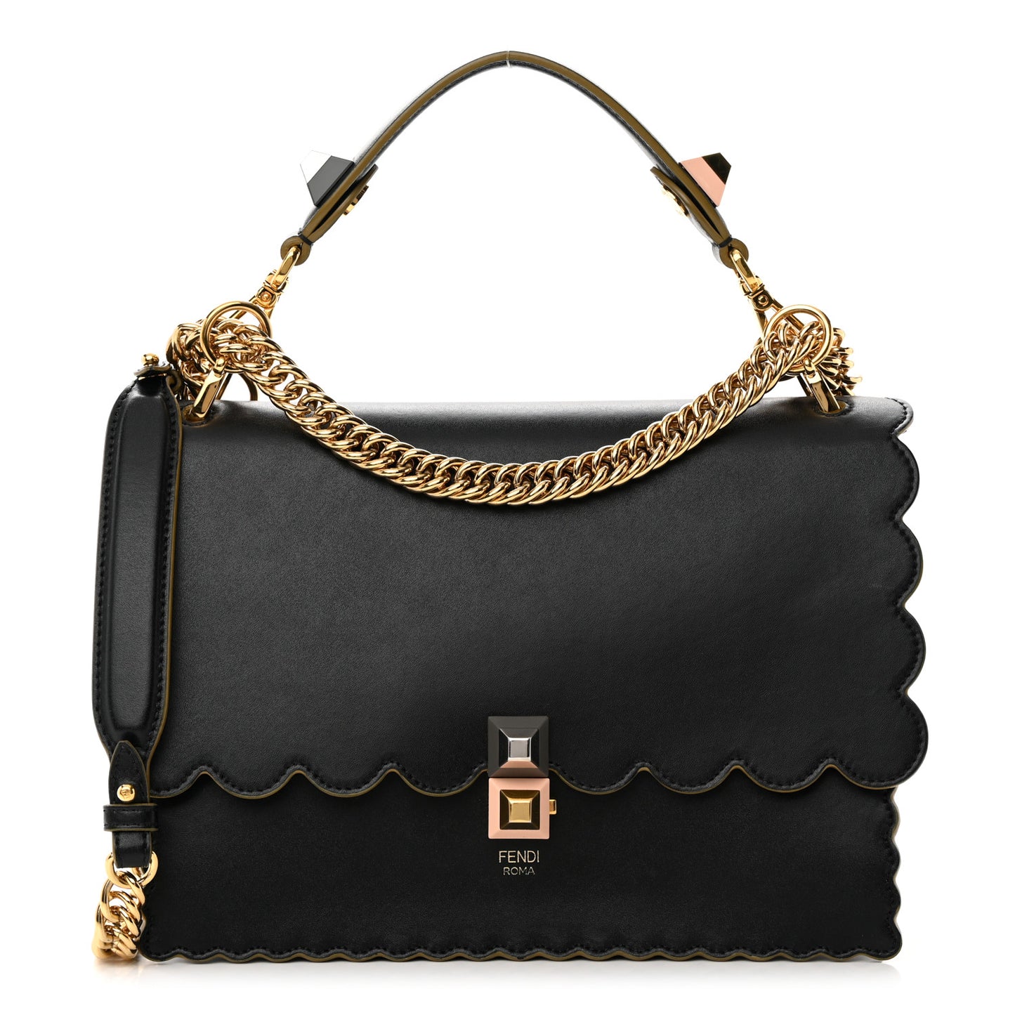 Vitello Liberty Scalloped Studded Kan I Shoulder Bag Black