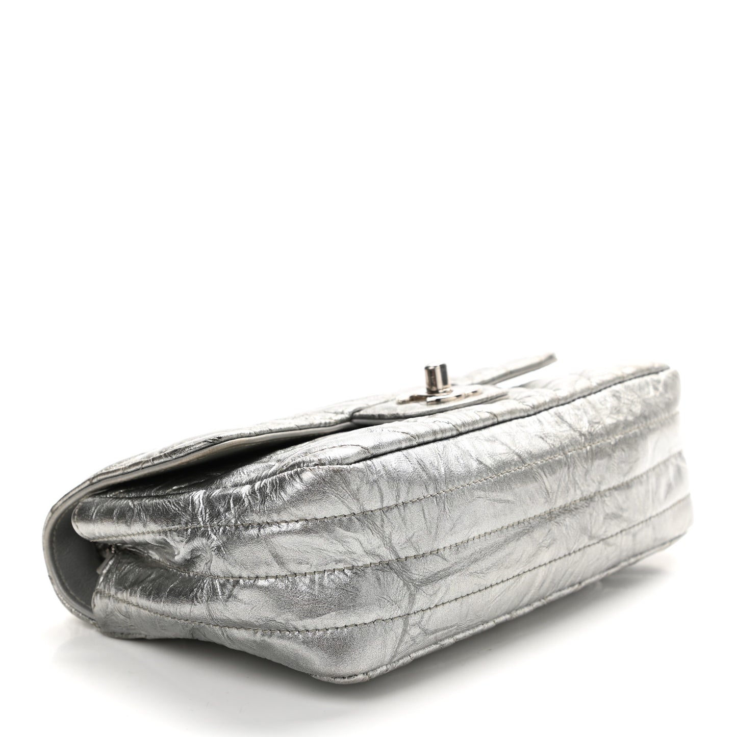 Patent Metallic Crumpled Calfskin Chevron Quilted Mini Rectangular Flap Silver