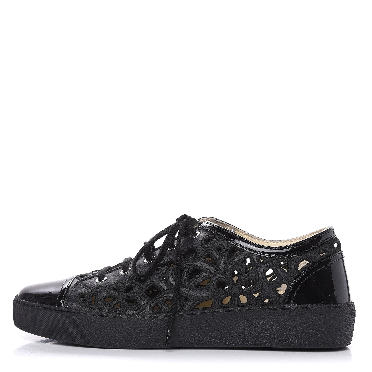 Chanel Patent Grained Goatskin Hollow Out Flower Sneakers 42 Black 1 of 7