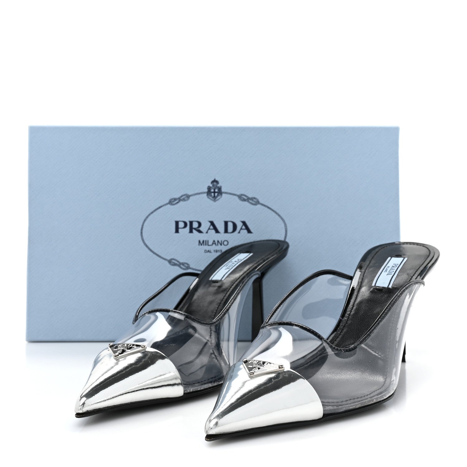 Prada Plexiglass Vernice Metal Triangle Logo Modellerie 75mm Mules 38 Black 9 of 9