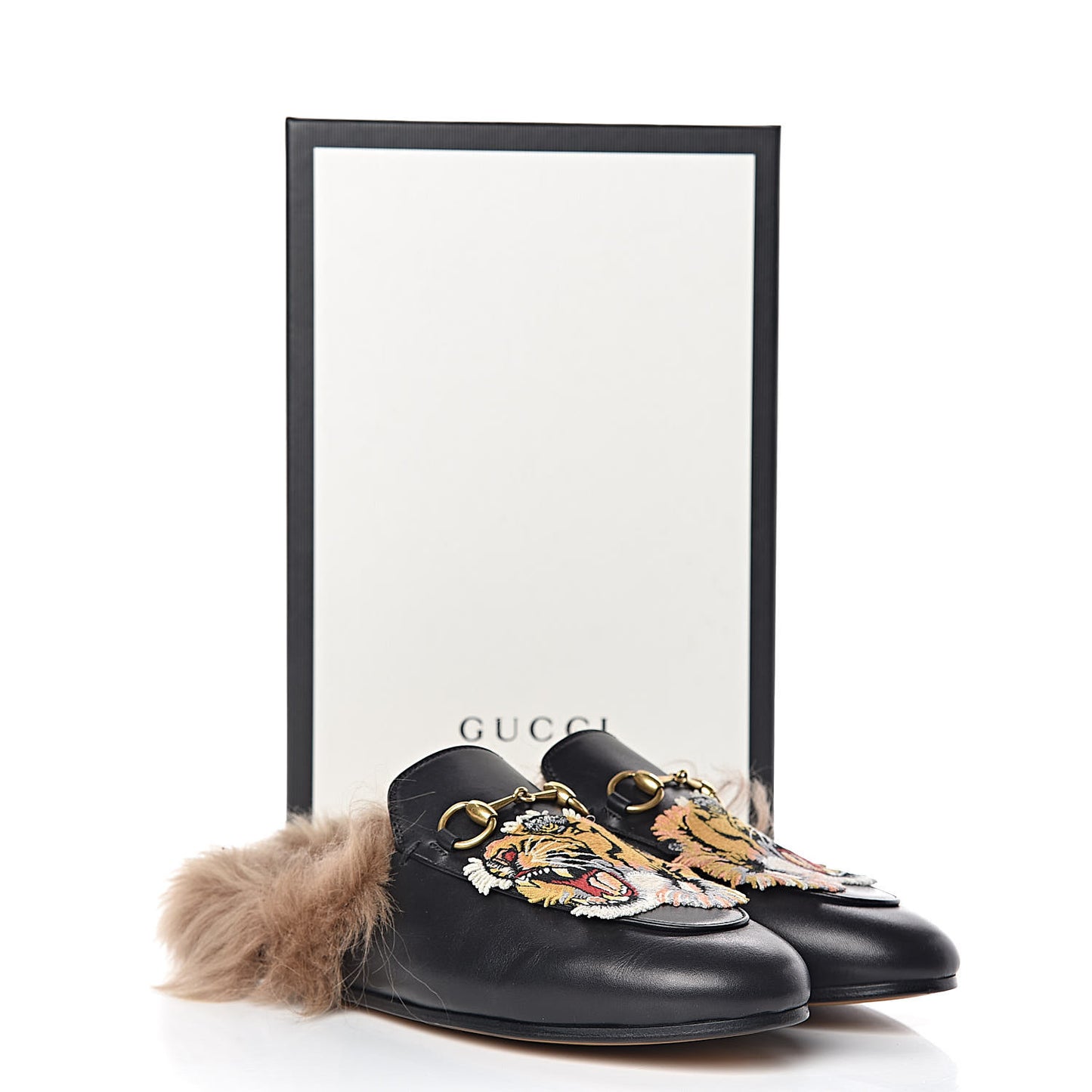 Calfskin Lambswool Tiger Embroidered Womens Princetown Slippers 37 Black