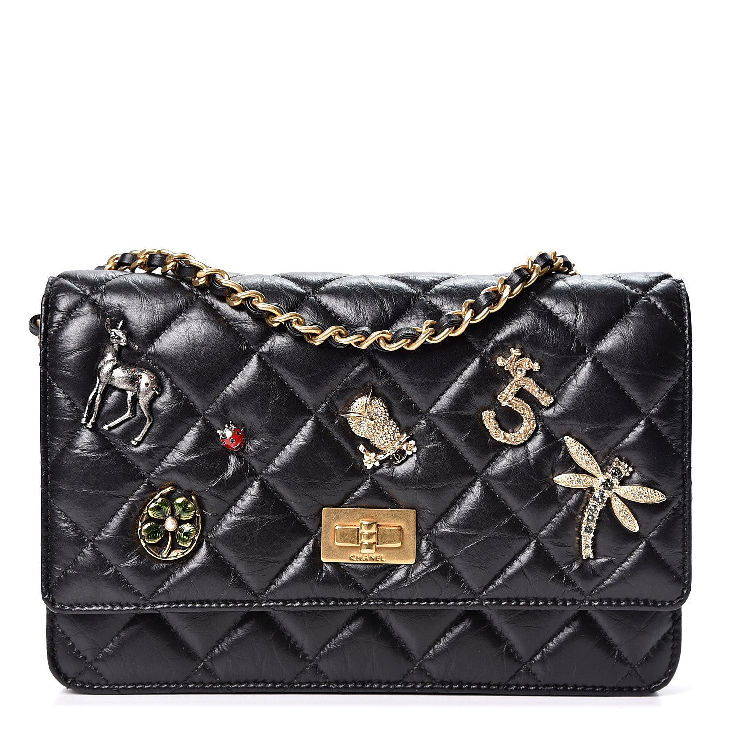 Chanel Aged Calfskin Quilted Lucky Charms 2.55 Reissue Wallet On Chain WOC Black 1 of 11