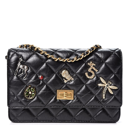 Chanel Aged Calfskin Quilted Lucky Charms 2.55 Reissue Wallet On Chain WOC Black 1 of 11