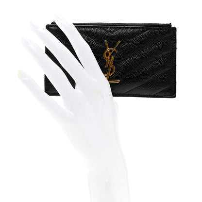 Saint Laurent Grain De Poudre Matelasse Chevron Monogram Fragments Zippered Card Case Black 2 of 7