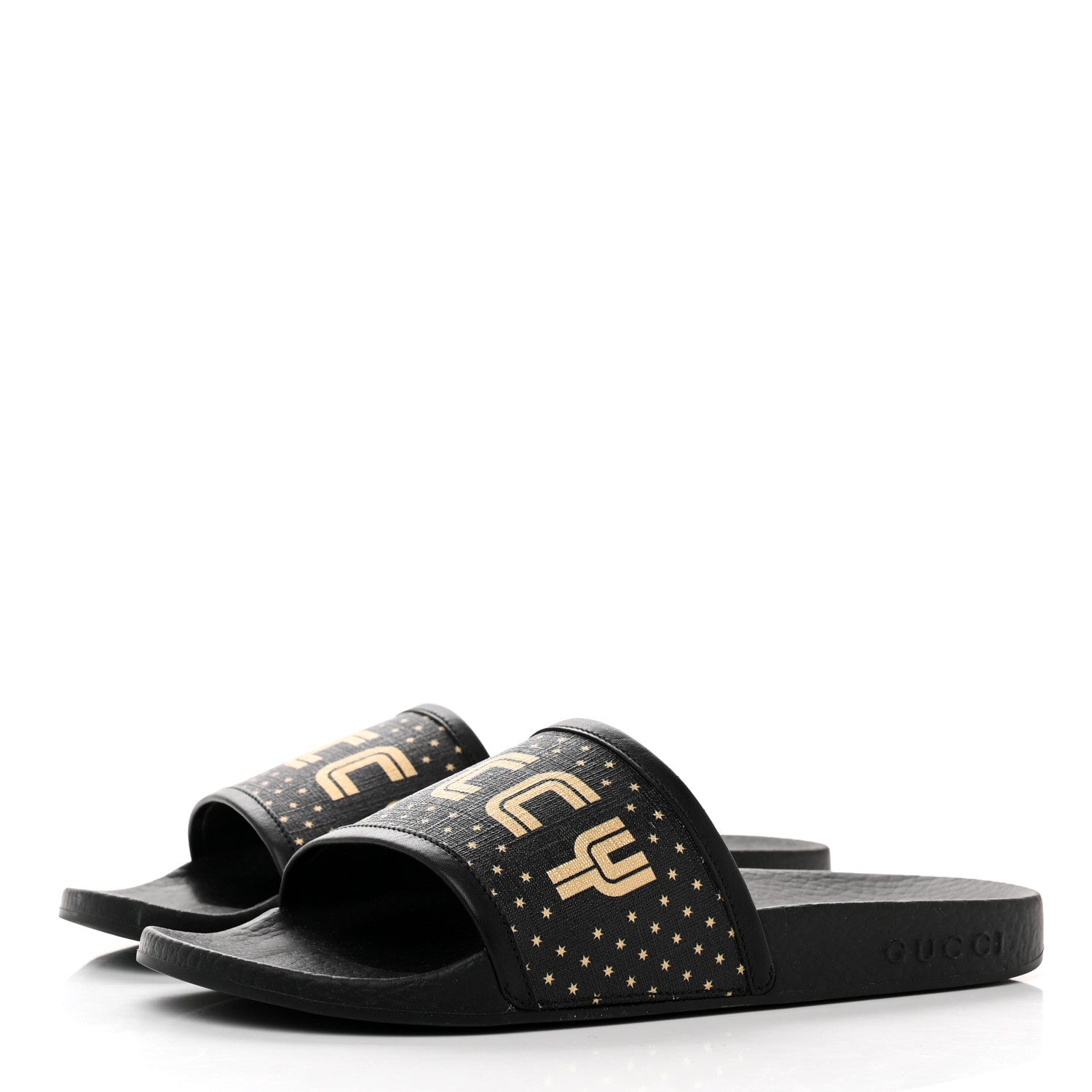 Gucci X SEGA Supreme Canvas GUCCY Stars Womens Slide Sandals 36 Black Gold 3 of 8