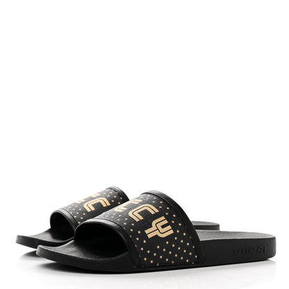 Gucci X SEGA Supreme Canvas GUCCY Stars Womens Slide Sandals 36 Black Gold 3 of 8