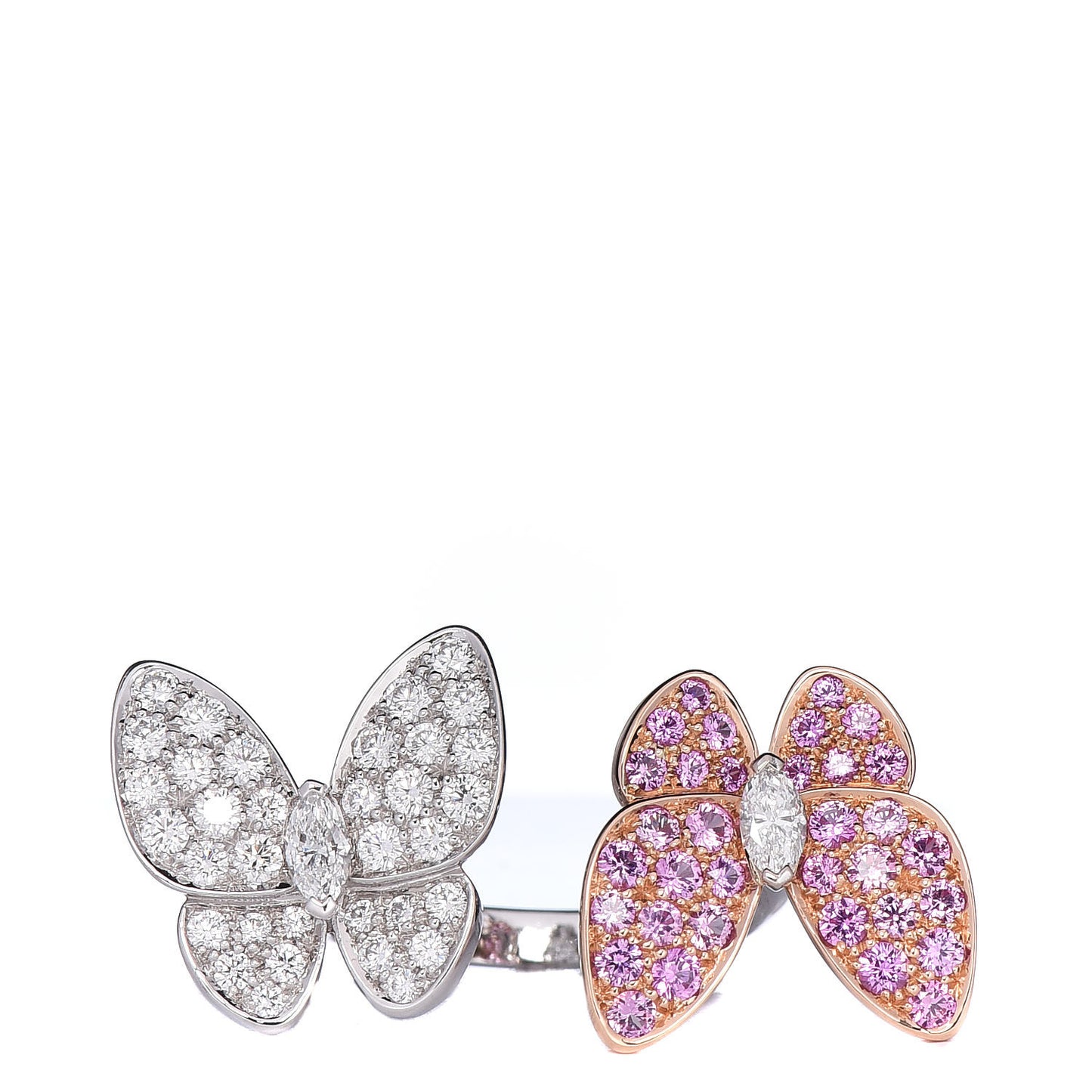 18K White Rose Gold Diamond Pink Sapphire Two Butterfly Between The Finger Ring 52 6
