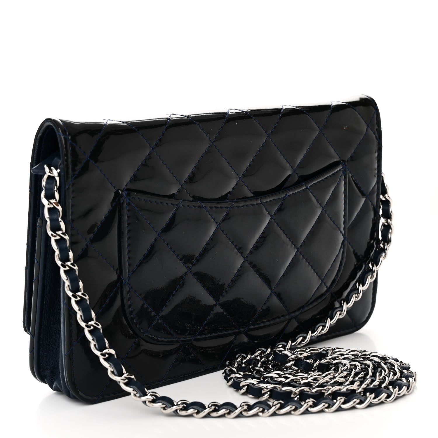 Chanel Patent Quilted Wallet On Chain WOC Blue 3 of 12