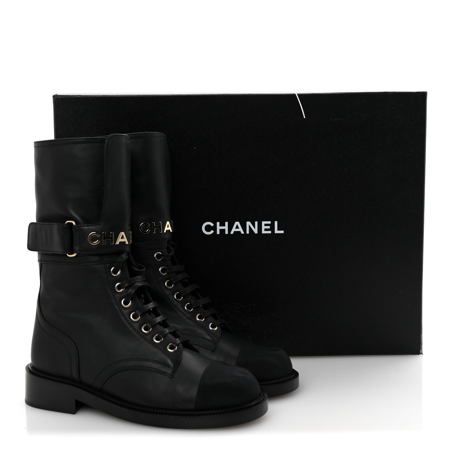 Chanel Shiny Calfskin Lace Up Combat Boots 38 Black 9 of 9