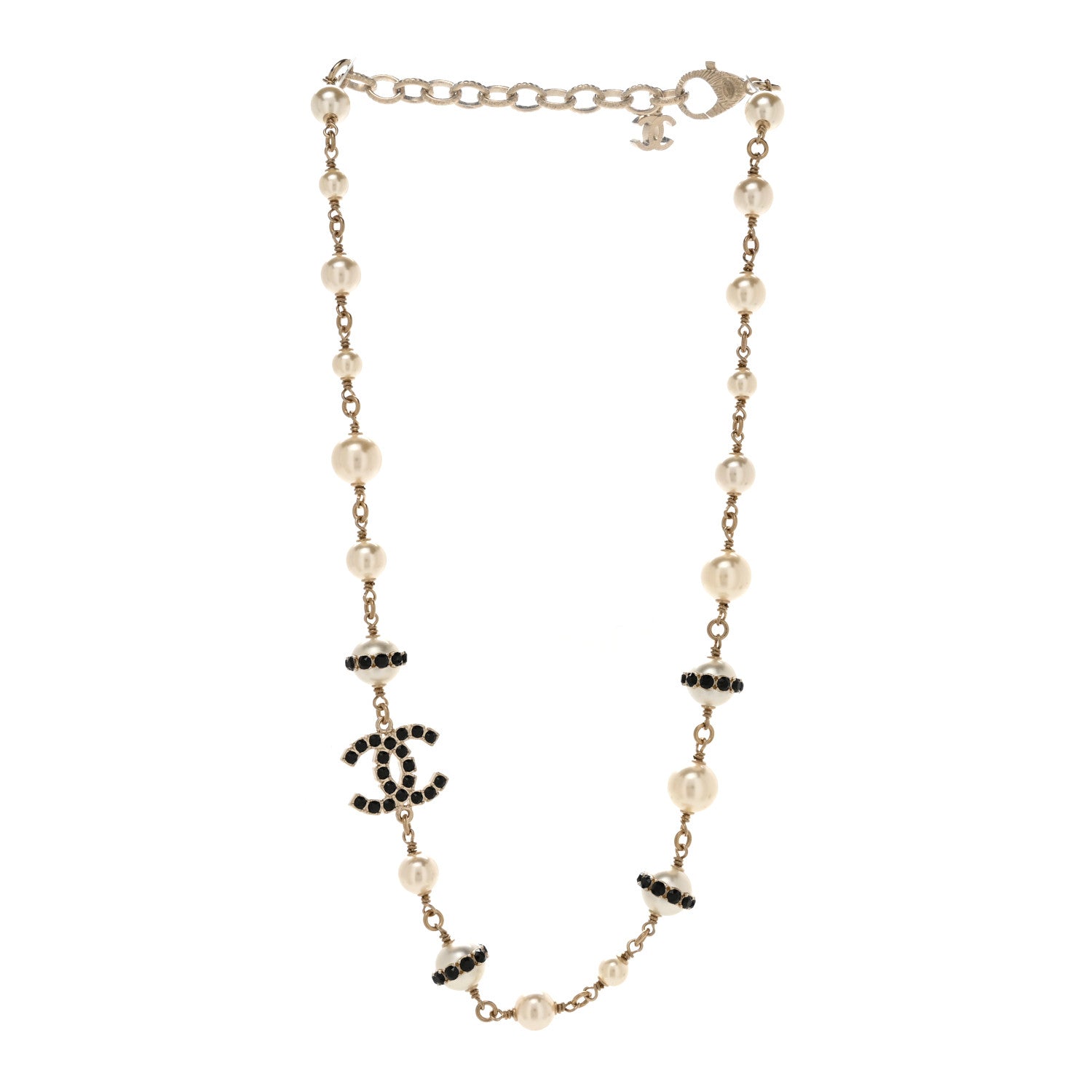 Chanel Crystal Pearl CC Short Necklace Light Gold Black 3 of 5