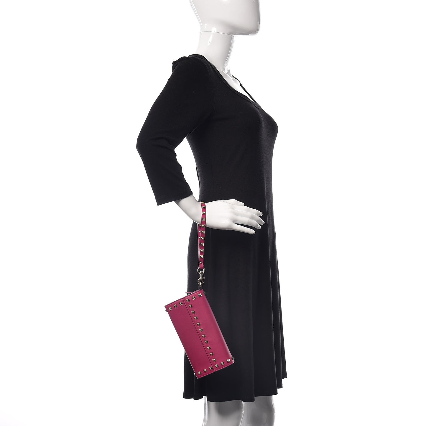 Calfskin Rockstud Wristlet Travel Wallet Fuxia