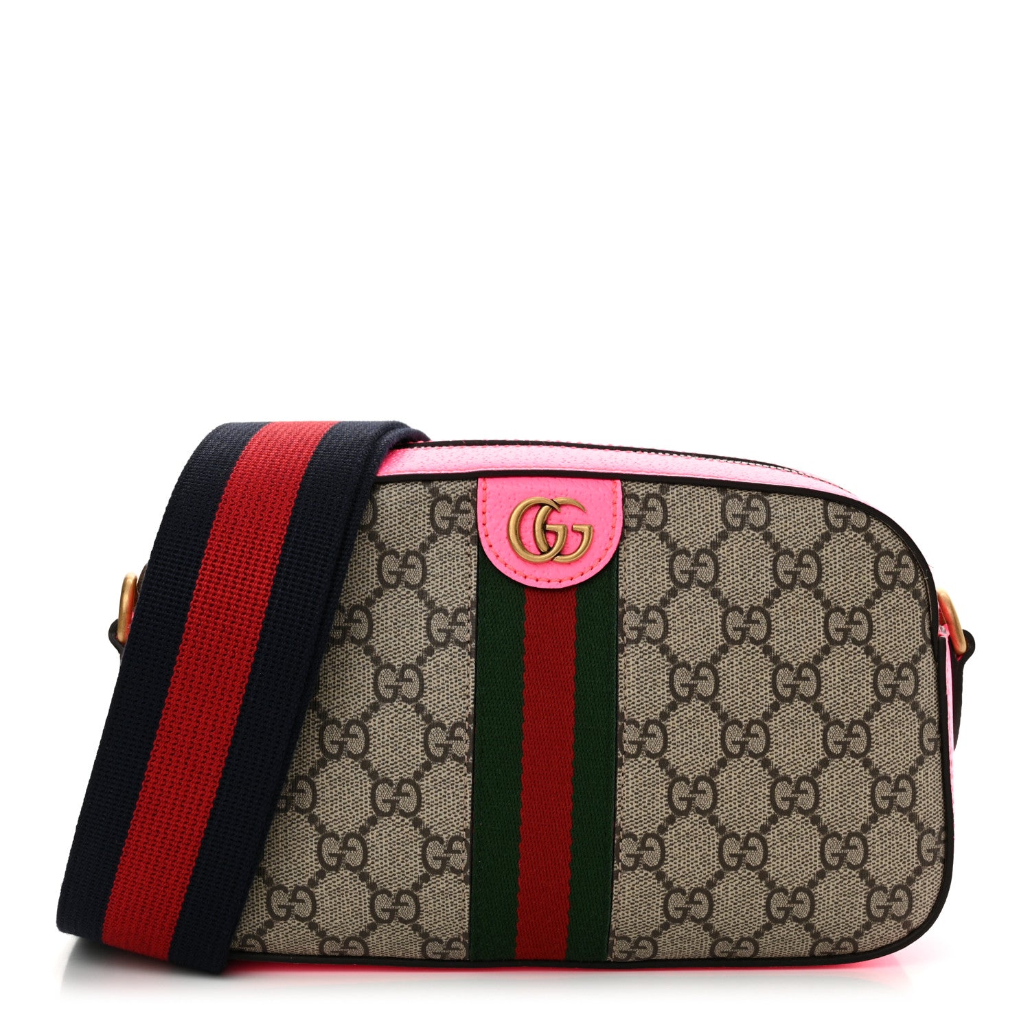 Gucci GG Supreme Monogram Textured Dollar Calfskin Web Ophidia Small Crossbody Bag Beige Ebony Fuchsia 1 of 10