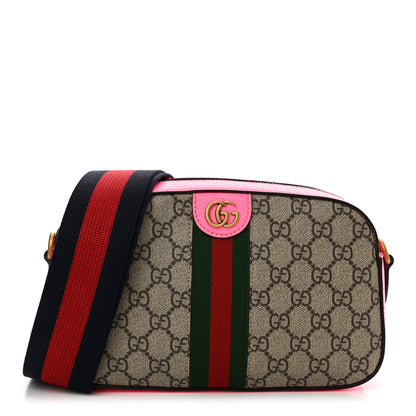 Gucci GG Supreme Monogram Textured Dollar Calfskin Web Ophidia Small Crossbody Bag Beige Ebony Fuchsia 1 of 10