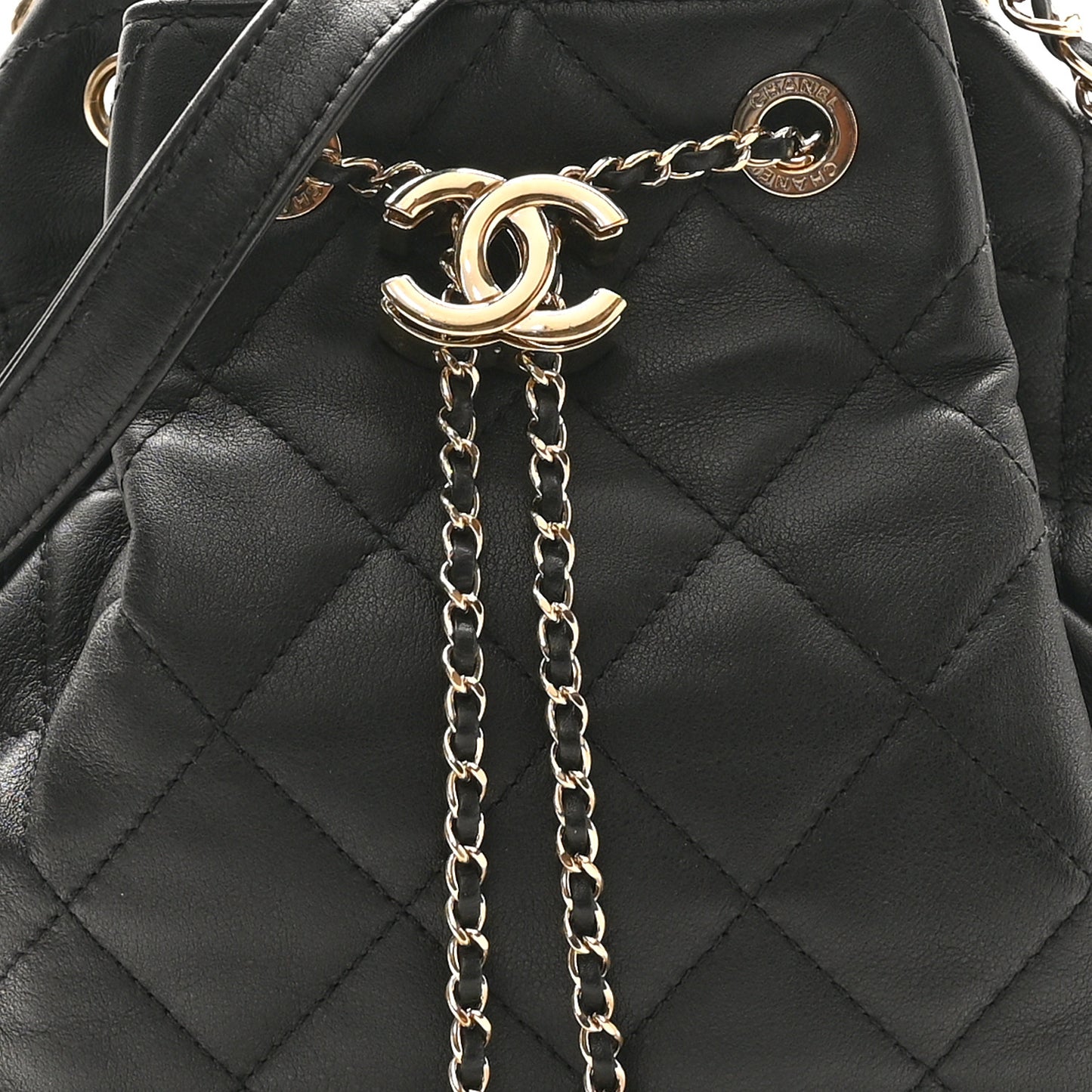Lambskin Quilted Chain Drawstring Bag  Black