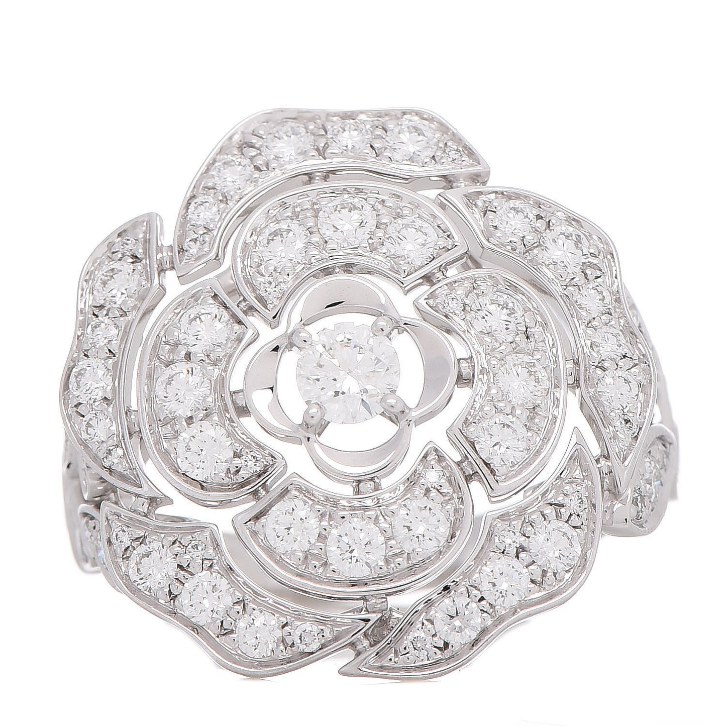 18K White Gold Diamond Bouton de Camélia Ring 56 7.5